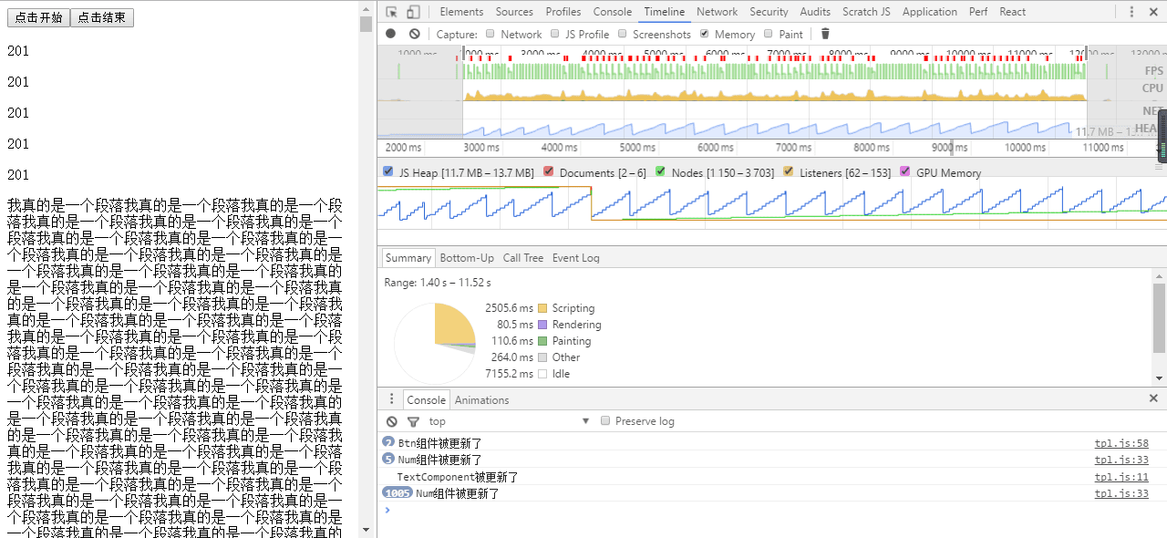 50ms渲染一次,重复渲染200次的截图,引入pureRenderMixin